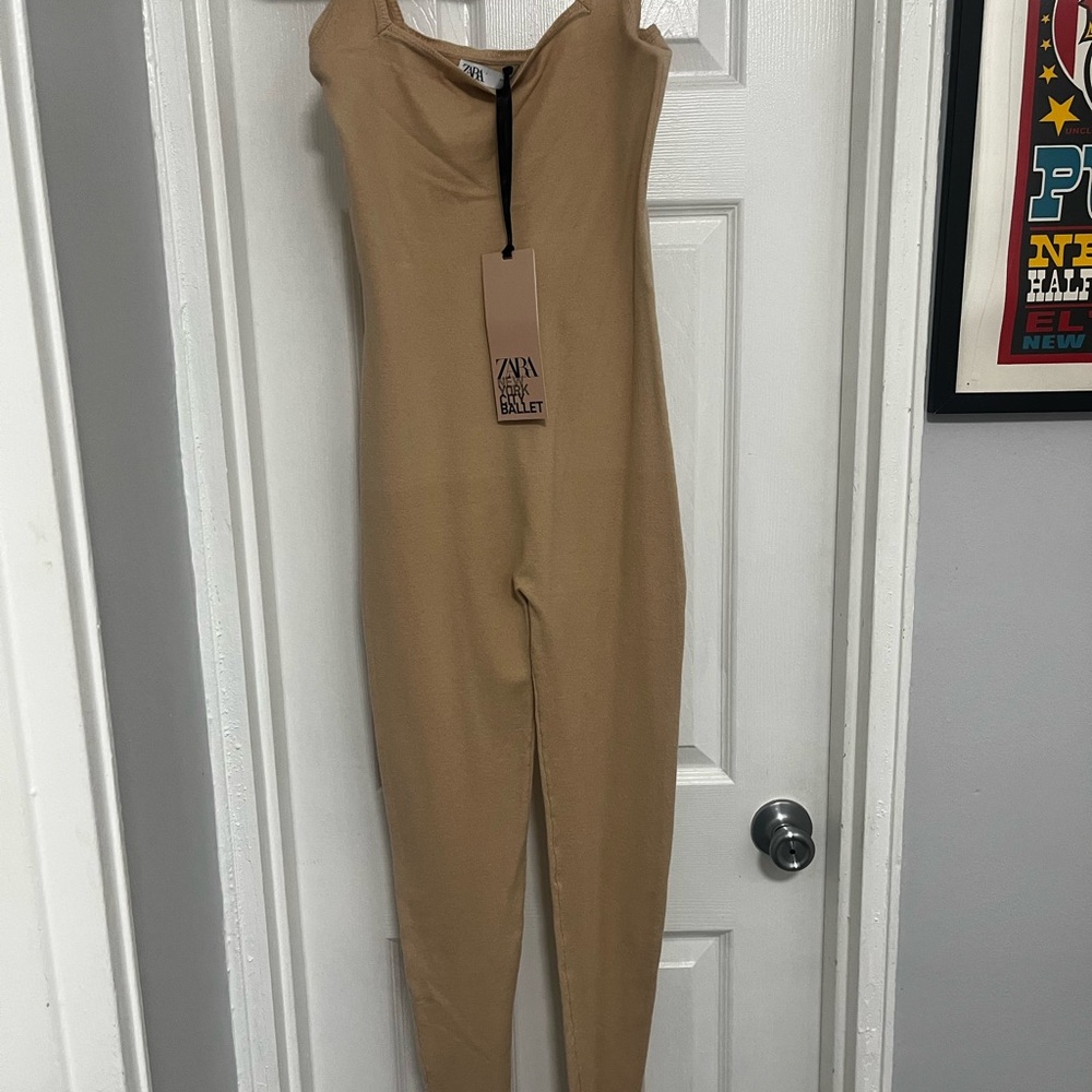 Zara Limited Edition NYC Ballet Knit Beige Stretch Jumpsuit